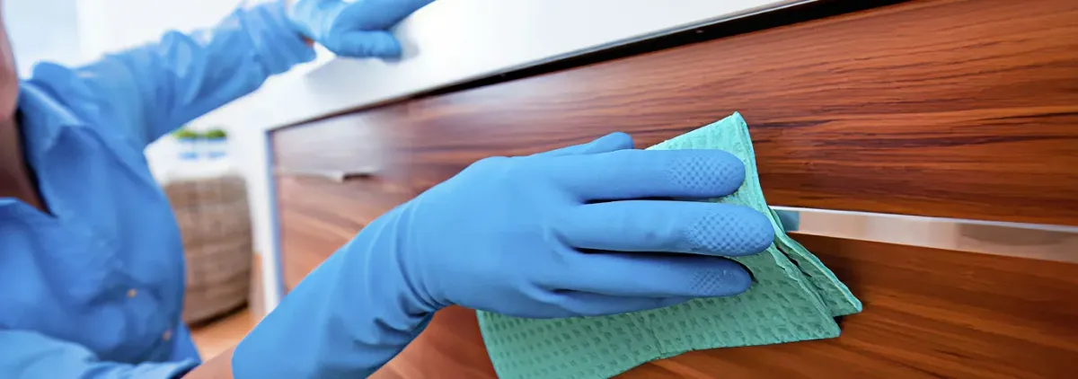Cleaner wearing blue gloves wiping a wooden cabinet drawer with a microfiber cloth for dust and grime removal, Memphis, TN.