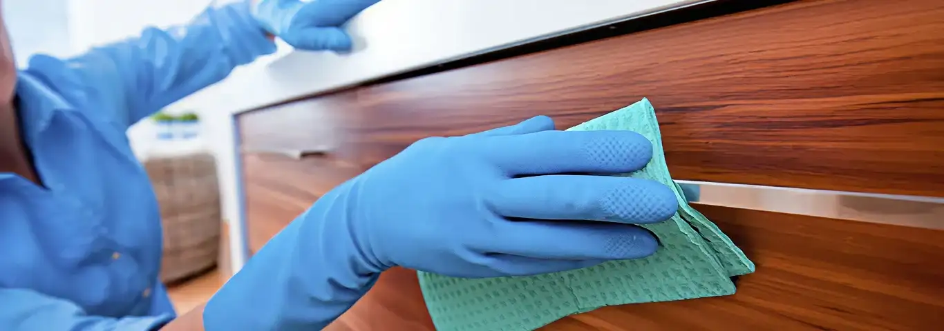 Cleaner wearing blue gloves wiping a wooden cabinet drawer with a microfiber cloth for dust and grime removal, Memphis, TN.