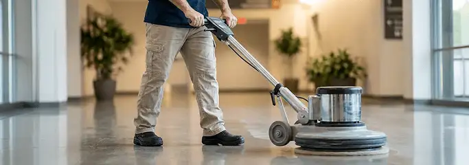 Professional technician using an industrial floor buffer to polish and maintain shiny commercial flooring in a corporate hallway in Memphis, TN.
