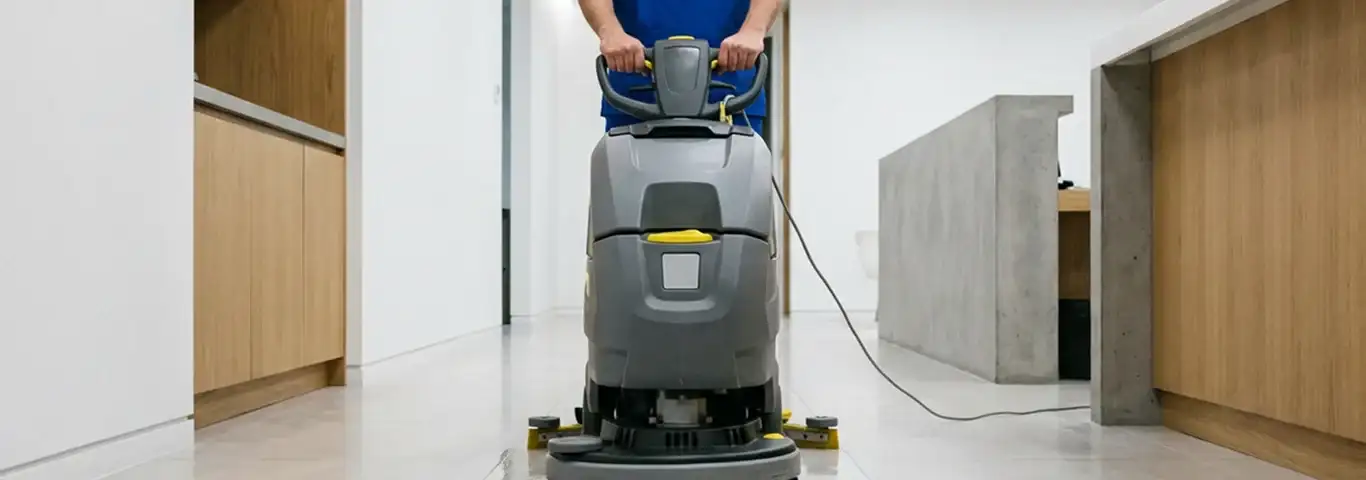 Janitorial staff using a floor scrubber machine to clean a commercial hallway, Memphis, TN.