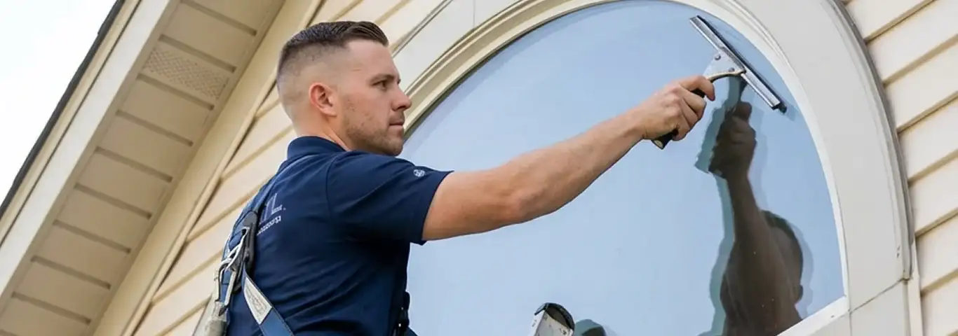 Professional window cleaner using a squeegee to clean an exterior arched window on a home, Memphis, TN.