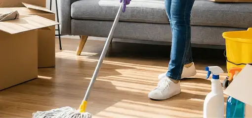 Move-out cleaning setup with a cleaner mopping hardwood floors near moving boxes and cleaning supplies, Memphis, TN.
