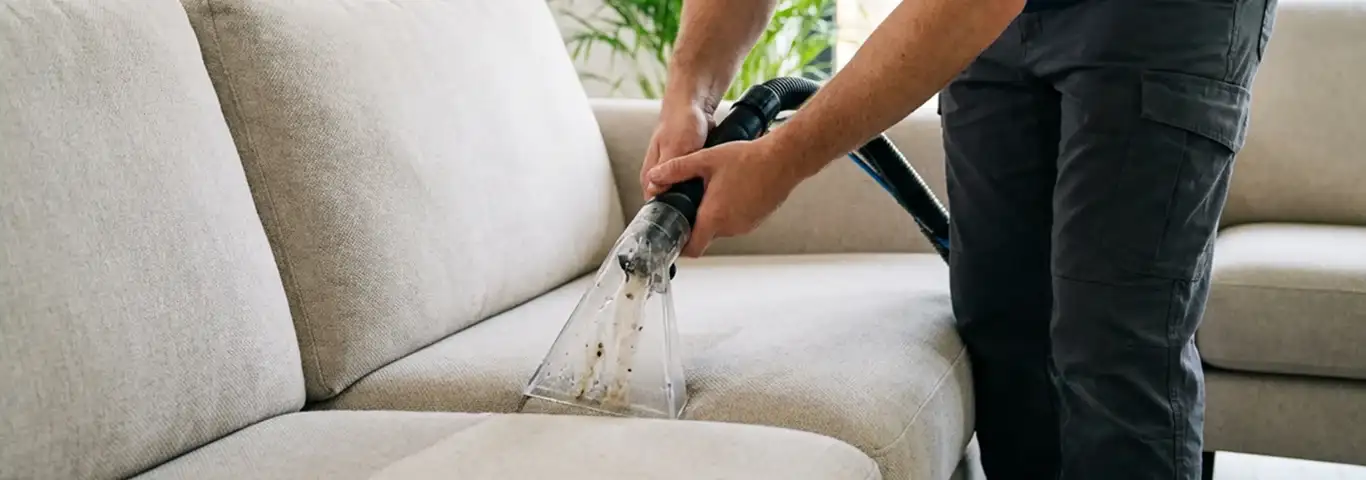Technician extracting dirt and moisture from a fabric sofa with an upholstery cleaning wand, Memphis, TN.