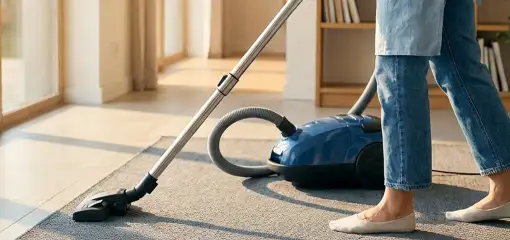 Person vacuuming a living room rug with a canister vacuum cleaner near large windows, Memphis, TN.